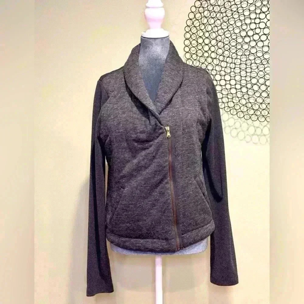 LOFT Asymmetrical Zip Moto Sweatshirt Jacket Heather Gray Shawl Collar Sz L